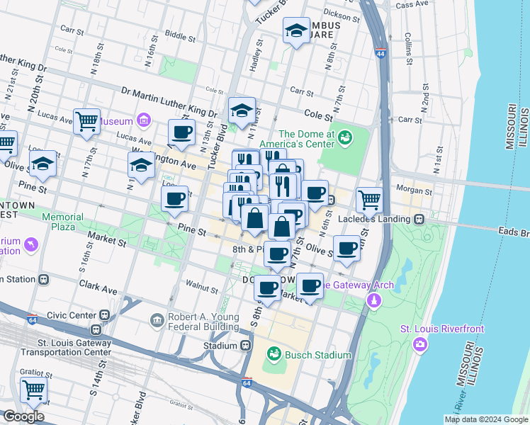 map of restaurants, bars, coffee shops, grocery stores, and more near 917 Locust Street in St. Louis