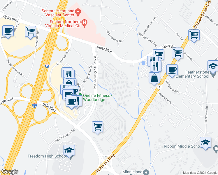 map of restaurants, bars, coffee shops, grocery stores, and more near 2313 Brookmoor Lane in Woodbridge
