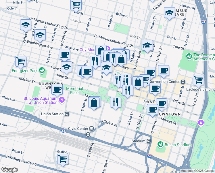 map of restaurants, bars, coffee shops, grocery stores, and more near 1405 Pine Street in Saint Louis