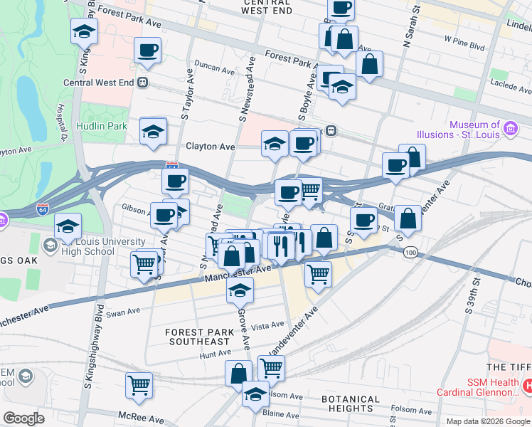 map of restaurants, bars, coffee shops, grocery stores, and more near 4321 Chouteau Avenue in St. Louis
