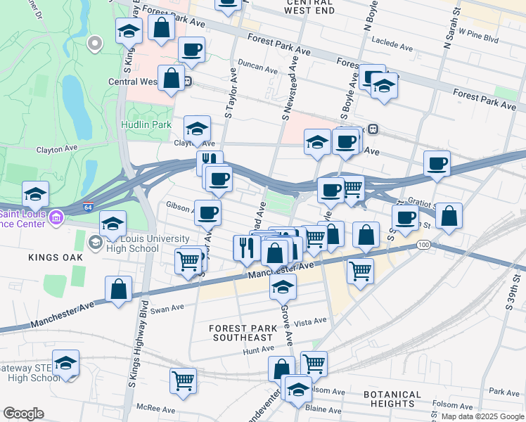 map of restaurants, bars, coffee shops, grocery stores, and more near 1011 South Newstead Avenue in St. Louis