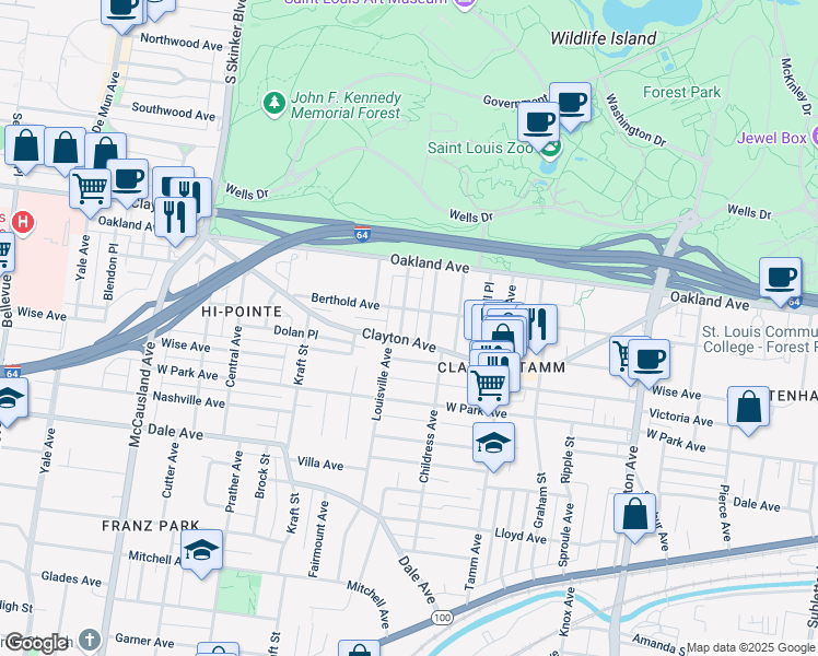 map of restaurants, bars, coffee shops, grocery stores, and more near 6496 Clayton Avenue in St. Louis