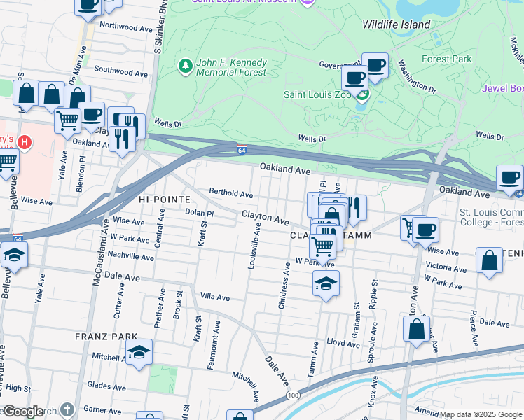 map of restaurants, bars, coffee shops, grocery stores, and more near 6496 Clayton Avenue in St. Louis