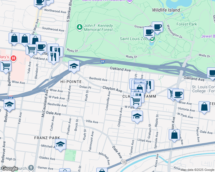 map of restaurants, bars, coffee shops, grocery stores, and more near 6496 Clayton Avenue in St. Louis