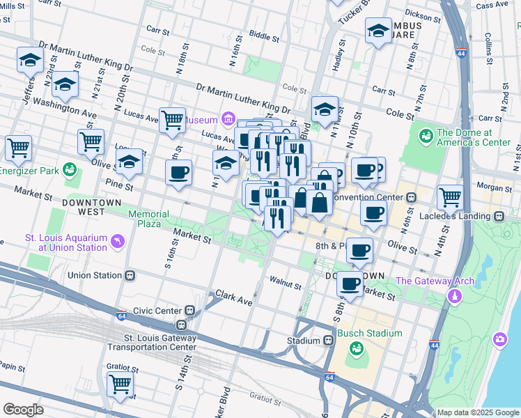 map of restaurants, bars, coffee shops, grocery stores, and more near 1226 Olive Street in Saint Louis