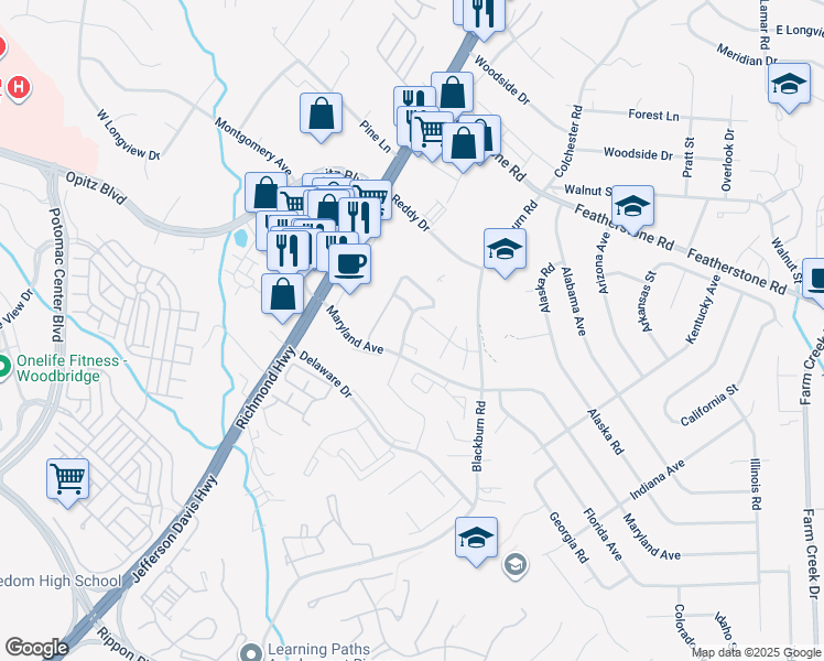 map of restaurants, bars, coffee shops, grocery stores, and more near 14847 Winding Loop in Woodbridge