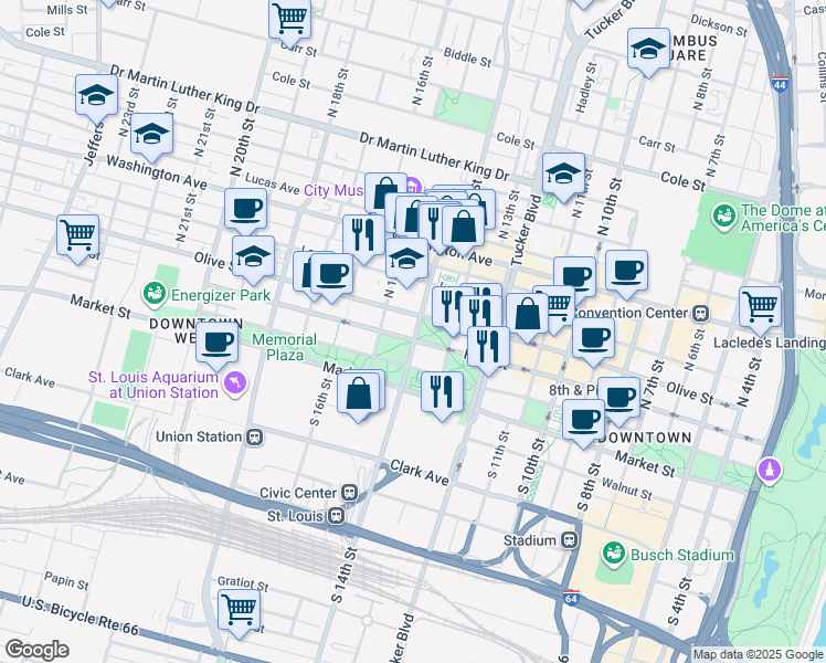 map of restaurants, bars, coffee shops, grocery stores, and more near 1405 Pine Street in St. Louis