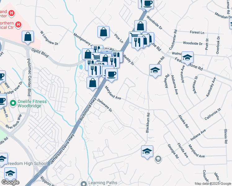 map of restaurants, bars, coffee shops, grocery stores, and more near 14725 Winding Loop in Woodbridge