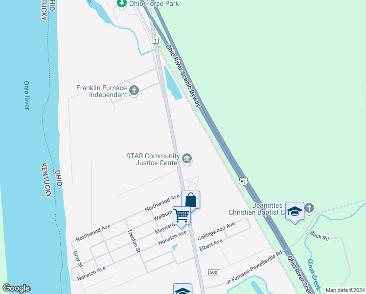 map of restaurants, bars, coffee shops, grocery stores, and more near 4734 Gallia Pike in Franklin Furnace