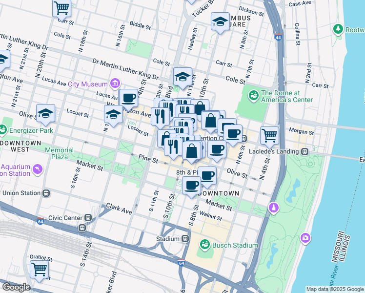 map of restaurants, bars, coffee shops, grocery stores, and more near in St. Louis