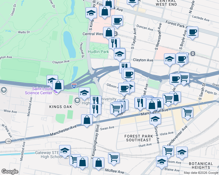 map of restaurants, bars, coffee shops, grocery stores, and more near 1060 South Kingshighway Boulevard in St. Louis