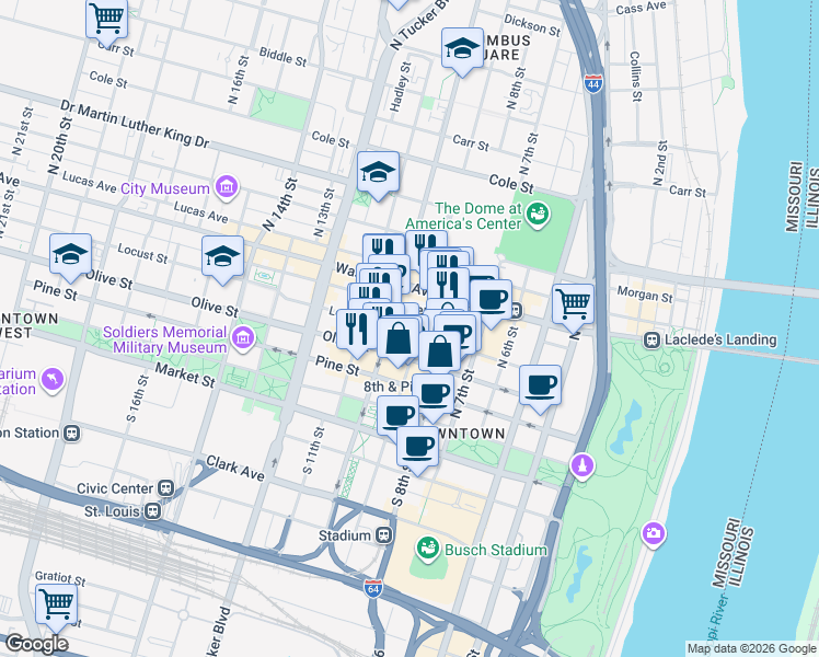 map of restaurants, bars, coffee shops, grocery stores, and more near 905-913 Olive Street in St. Louis