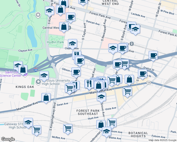 map of restaurants, bars, coffee shops, grocery stores, and more near 4437 Gibson Avenue in St. Louis