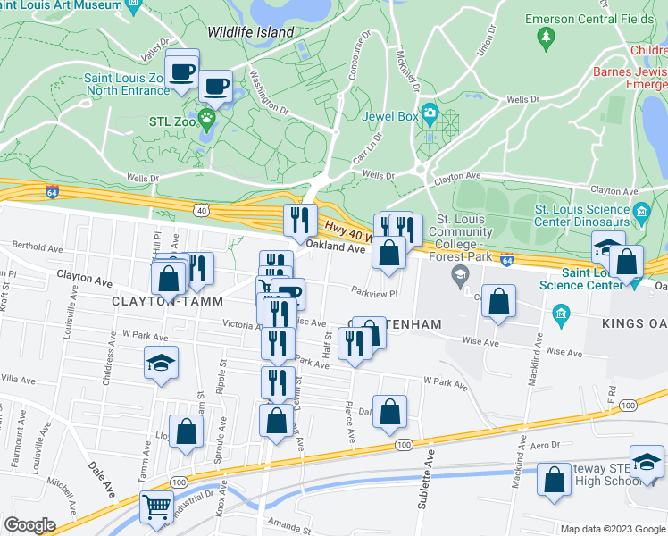 map of restaurants, bars, coffee shops, grocery stores, and more near 1038 Oakview Place in St. Louis