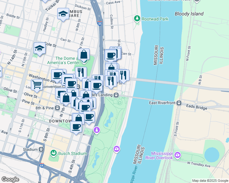 map of restaurants, bars, coffee shops, grocery stores, and more near 618 North 2nd Street in St. Louis