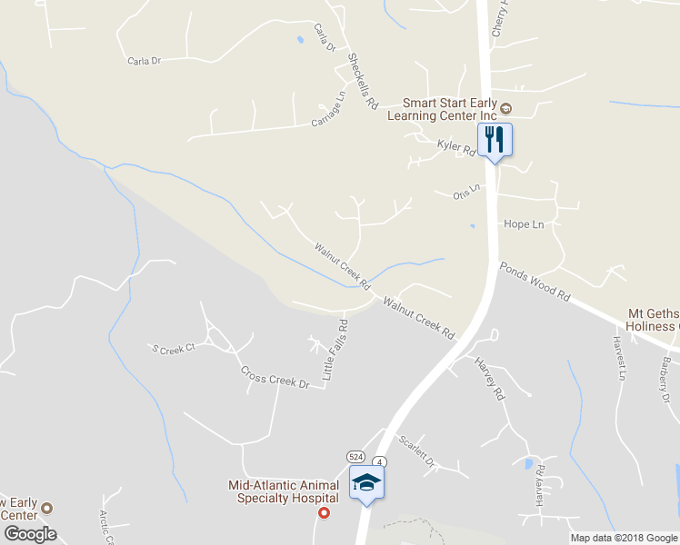 map of restaurants, bars, coffee shops, grocery stores, and more near 130 Walnut Creek Road in Huntingtown