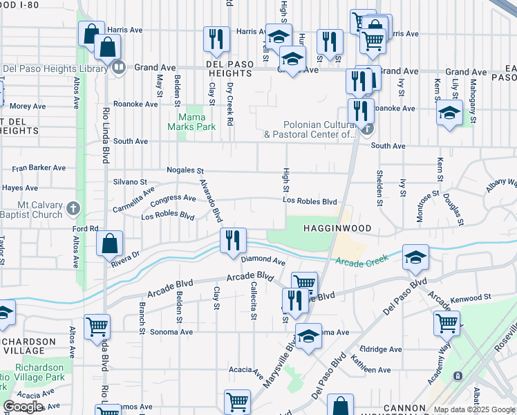 map of restaurants, bars, coffee shops, grocery stores, and more near 1301 Rivera Drive in Sacramento