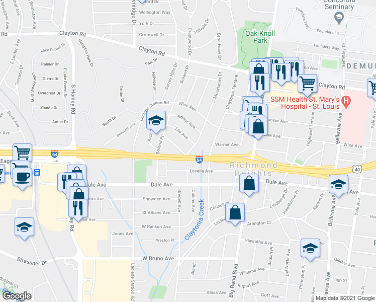 map of restaurants, bars, coffee shops, grocery stores, and more near 1269 Moorlands Drive in Richmond Heights