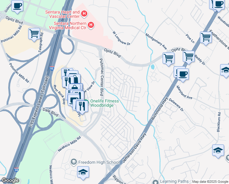 map of restaurants, bars, coffee shops, grocery stores, and more near 2329 Brookmoor Lane in Woodbridge