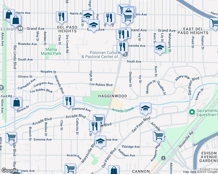map of restaurants, bars, coffee shops, grocery stores, and more near 1522 Los Robles Boulevard in Sacramento