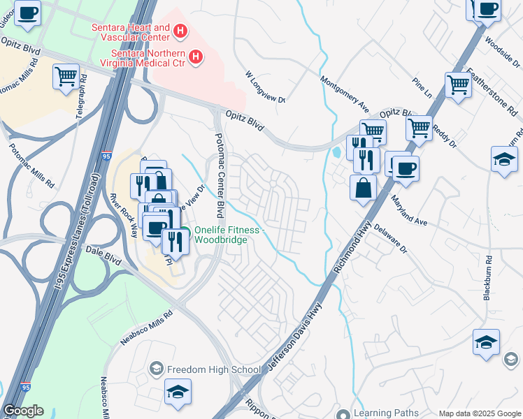 map of restaurants, bars, coffee shops, grocery stores, and more near 2237 Oberlin Drive in Woodbridge