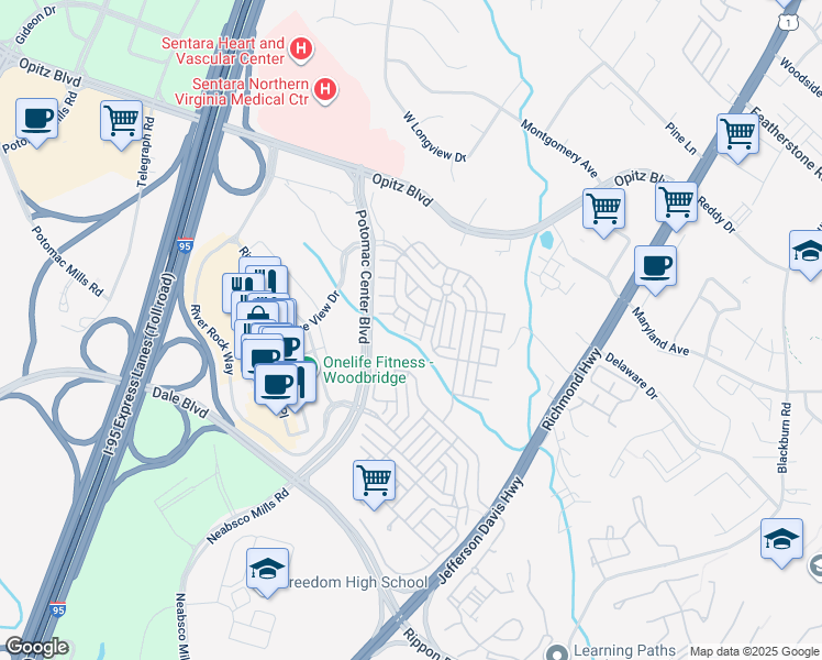 map of restaurants, bars, coffee shops, grocery stores, and more near 2329 Brookmoor Lane in Woodbridge