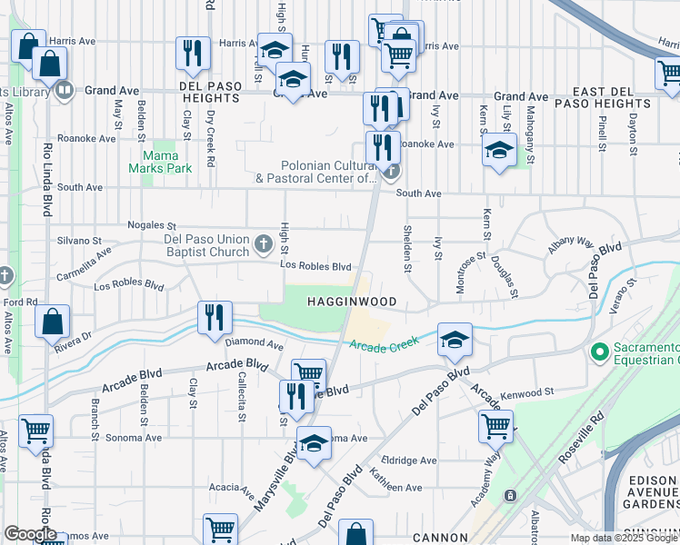 map of restaurants, bars, coffee shops, grocery stores, and more near 3373 Marysville Boulevard in Sacramento