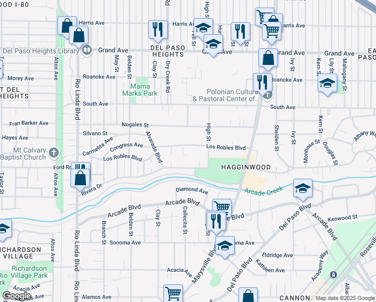 map of restaurants, bars, coffee shops, grocery stores, and more near 1301 Rivera Drive in Sacramento