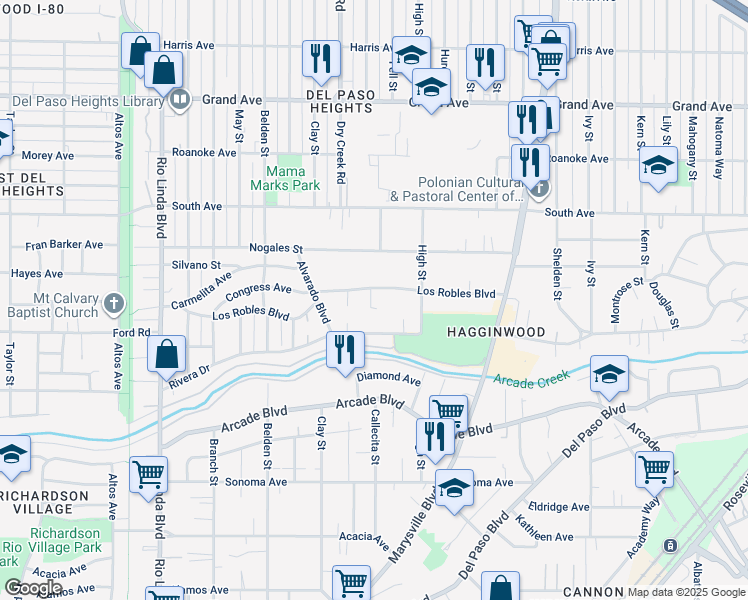 map of restaurants, bars, coffee shops, grocery stores, and more near 1301 Rivera Drive in Sacramento