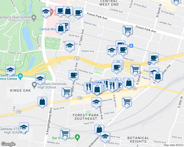 map of restaurants, bars, coffee shops, grocery stores, and more near 1011 South Newstead Avenue in St. Louis