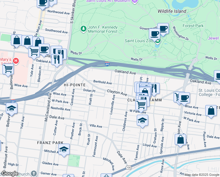 map of restaurants, bars, coffee shops, grocery stores, and more near 6536a Clayton Avenue in St. Louis