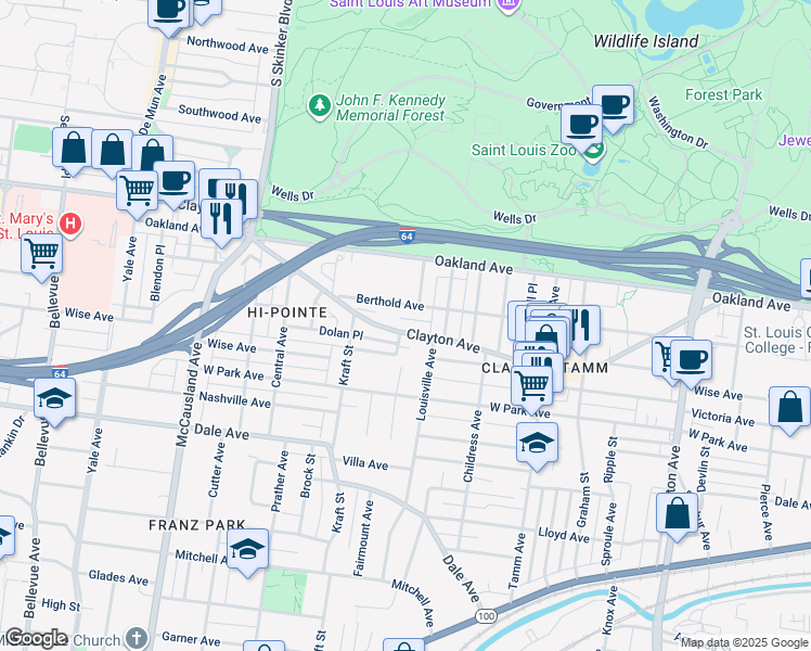 map of restaurants, bars, coffee shops, grocery stores, and more near 6536a Clayton Avenue in St. Louis