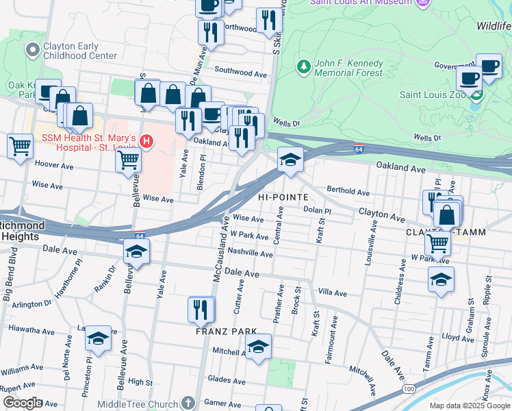 map of restaurants, bars, coffee shops, grocery stores, and more near 6829 Wise Avenue in St. Louis