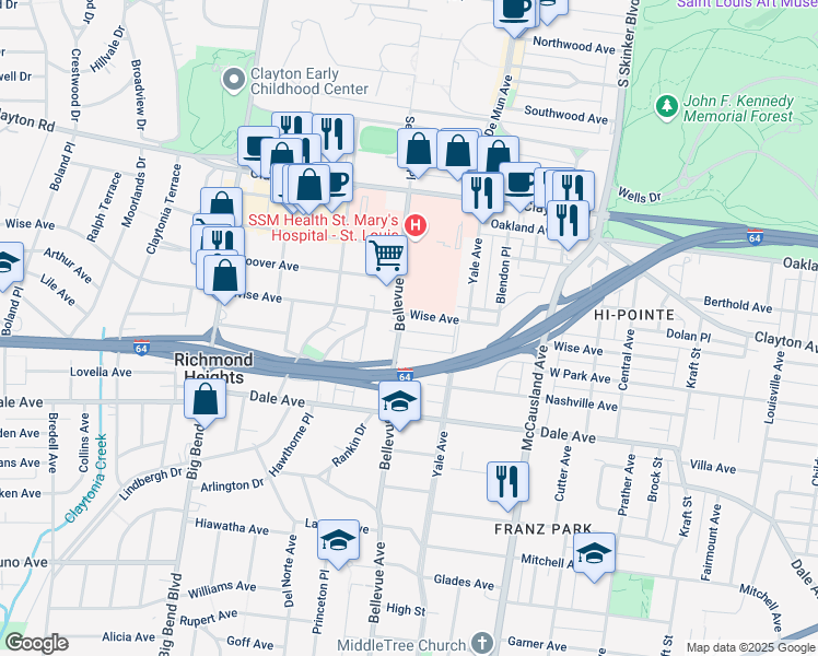 map of restaurants, bars, coffee shops, grocery stores, and more near 1220 Bellevue Avenue in Richmond Heights