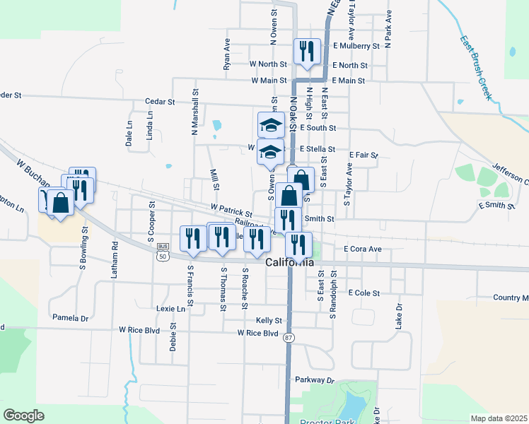 map of restaurants, bars, coffee shops, grocery stores, and more near 200-298 West Patrick Street in California