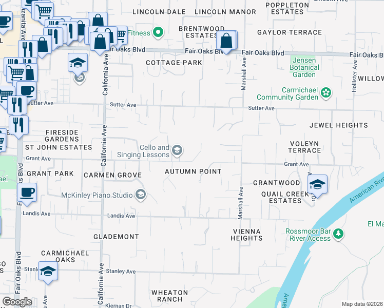 map of restaurants, bars, coffee shops, grocery stores, and more near 6503 Grant Avenue in Carmichael