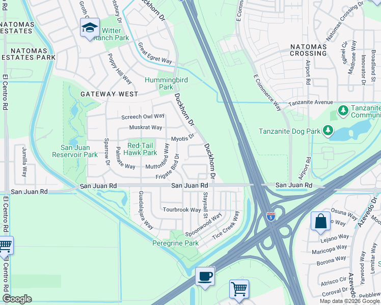 map of restaurants, bars, coffee shops, grocery stores, and more near 229 Dragonfly Circle in Sacramento