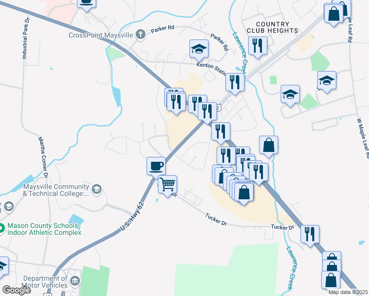 map of restaurants, bars, coffee shops, grocery stores, and more near 1598 Algonquin Drive West in Maysville