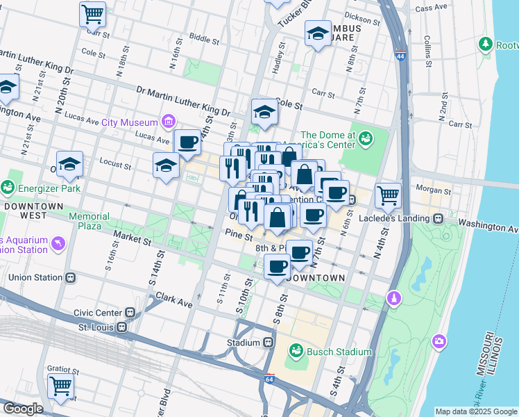 map of restaurants, bars, coffee shops, grocery stores, and more near 1014 Locust Street in St. Louis