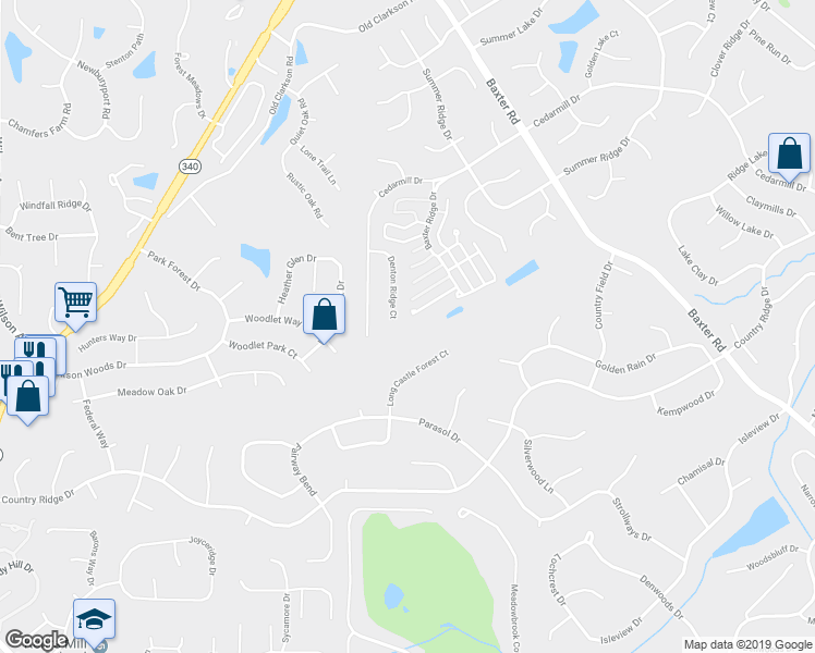 map of restaurants, bars, coffee shops, grocery stores, and more near 1848 Denton Ridge Court in Chesterfield