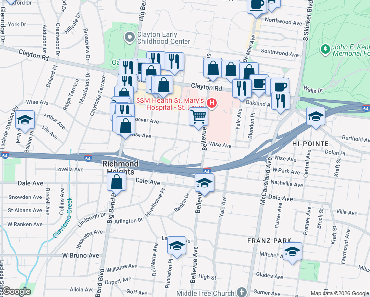 map of restaurants, bars, coffee shops, grocery stores, and more near 1212 Sunset Avenue in Richmond Heights