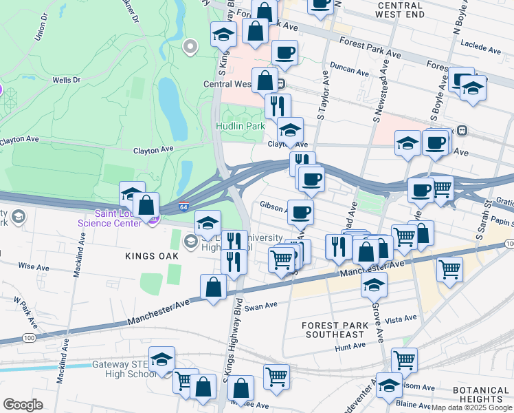 map of restaurants, bars, coffee shops, grocery stores, and more near 1060 South Kingshighway Boulevard in St. Louis