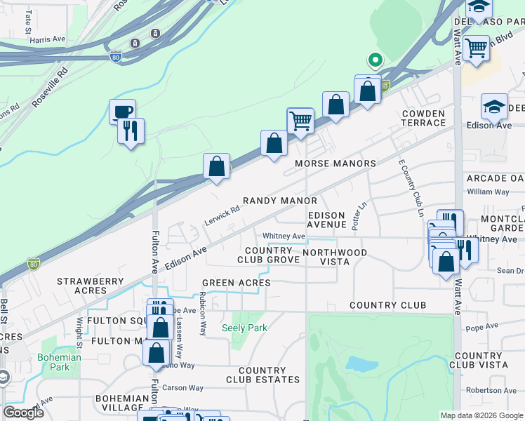 map of restaurants, bars, coffee shops, grocery stores, and more near 2912 Edison Avenue in Sacramento