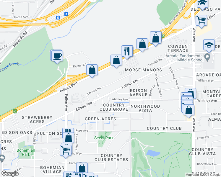 map of restaurants, bars, coffee shops, grocery stores, and more near 2912 Edison Avenue in Sacramento