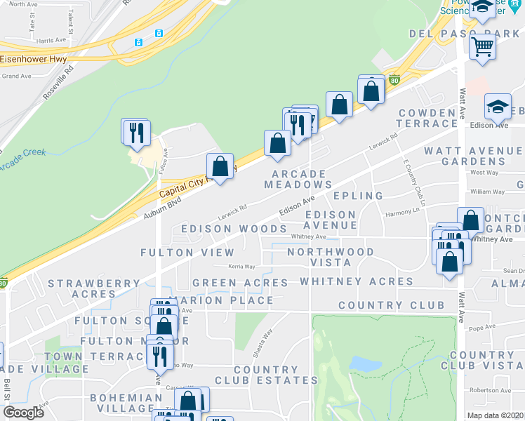 map of restaurants, bars, coffee shops, grocery stores, and more near 4330 Watt Avenue in Sacramento