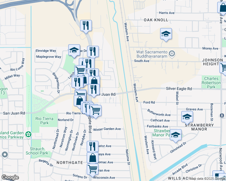 map of restaurants, bars, coffee shops, grocery stores, and more near 429 Rimmer Avenue in Sacramento