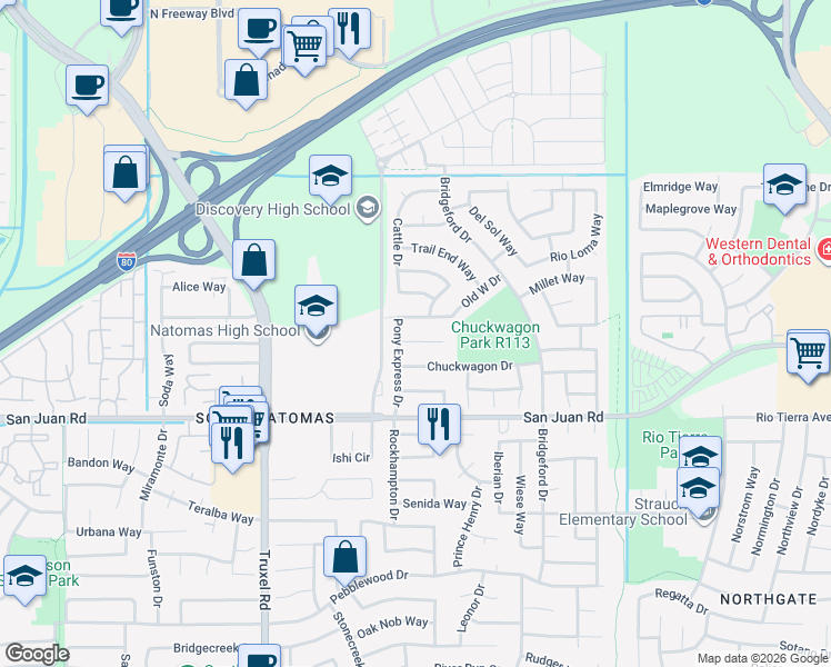 map of restaurants, bars, coffee shops, grocery stores, and more near 2 Stampede Court in Sacramento