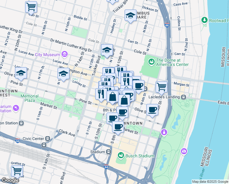 map of restaurants, bars, coffee shops, grocery stores, and more near 905-913 Olive Street in St. Louis