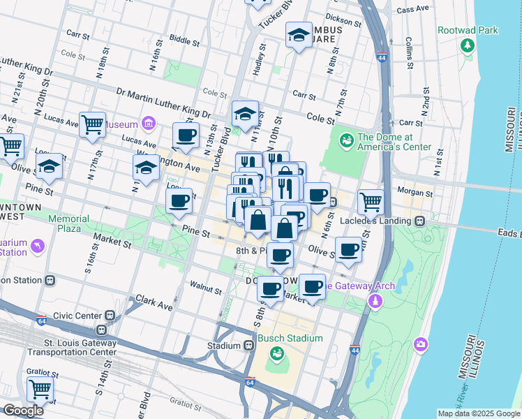 map of restaurants, bars, coffee shops, grocery stores, and more near 917 Locust Street in St. Louis