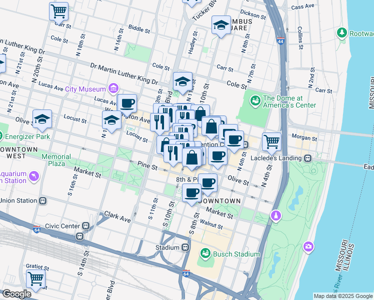 map of restaurants, bars, coffee shops, grocery stores, and more near in St. Louis